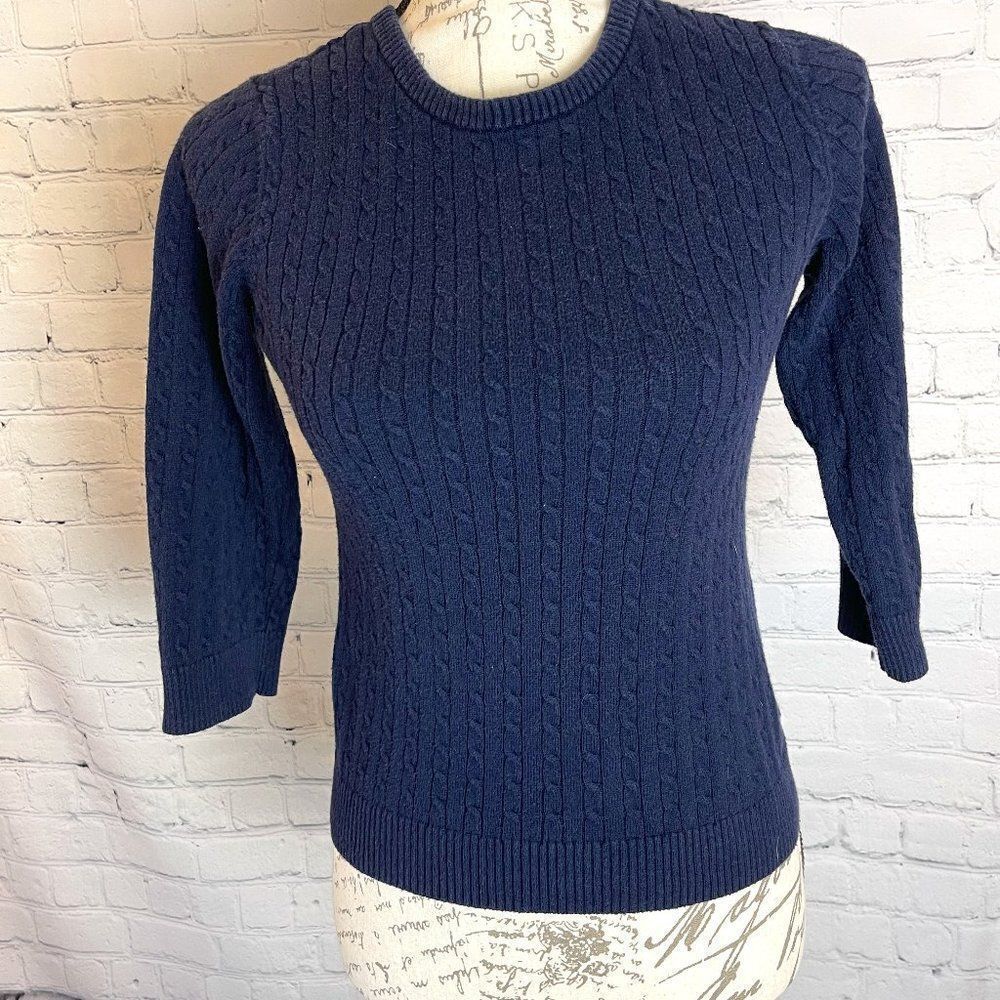 The Limited 3/4 Sleeve Navy Ribbed Sweater with Partial Zip Back